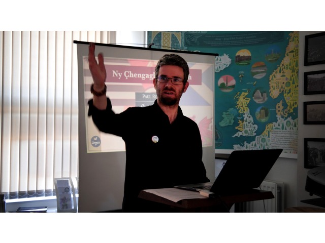 Pictured: Paul Rogers teaching a previous 'Say Something in Manx' session at Culture Vannin