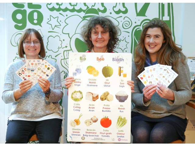 Claudia Koenig from the Unnid Gaelgagh, Aalin Clague from the Bunscoill Ghaelgagh, and Ruth Keggin Gell from Culture Vannin, pictured with the posters and postcards